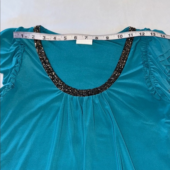 Clientele Shirt Embellished Short Flutter Sleeve Asymmetric Tunic Teal Burgundy - Picture 6 of 15